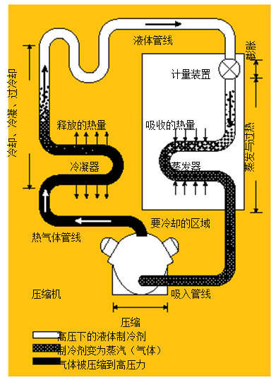 圖1.制冷系統 在典型的制冷系統中，壓縮機將熱氣體送到冷凝器，隨后，冷凝液通過蒸發器中的一個膨脹閥，進行蒸發并獲取來自被冷卻區域的熱量。
